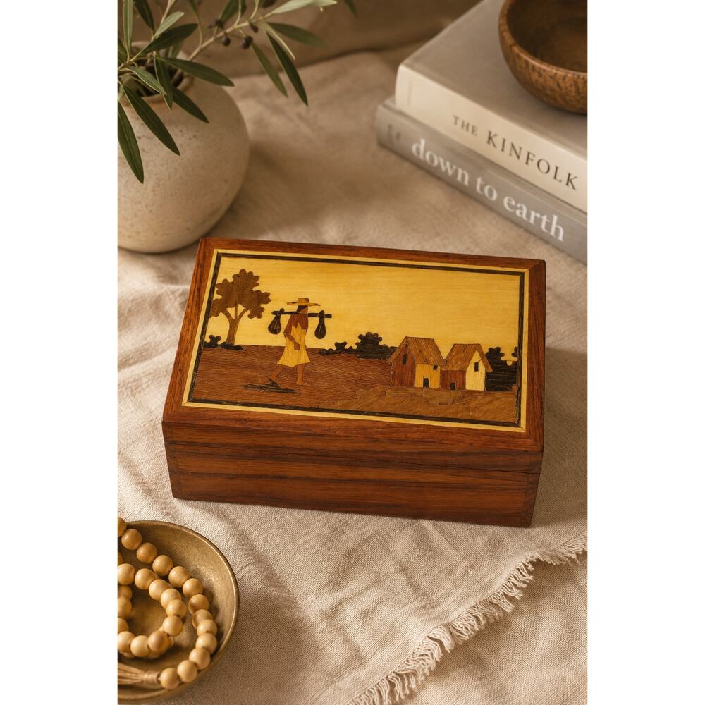 Vintage Folk Art Marquetry Wood Trinket Box Madagascar Primitive Cottage Decor